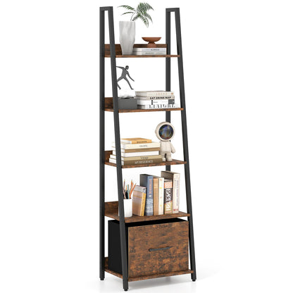 Goflame 5-Tier Industrial Ladder Bookshelf with Removable Fabric Drawer (1/2)