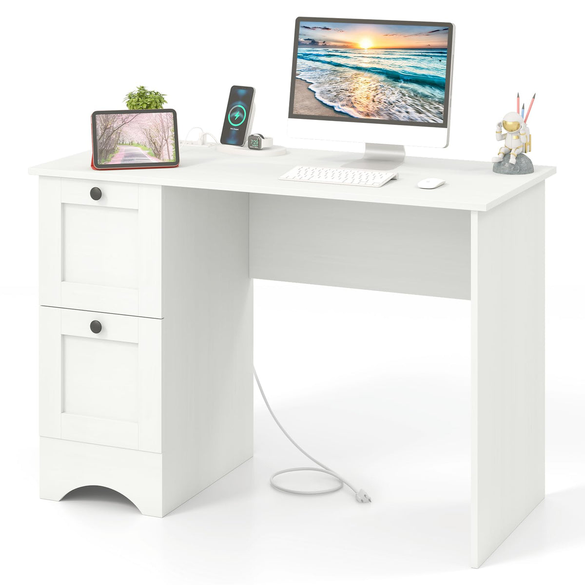 Goflame White Desk with 2 Drawers, 43” Wooden Home Office Desk with Charging Station