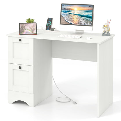 Goflame White Desk with 2 Drawers, 43” Wooden Home Office Desk with Charging Station