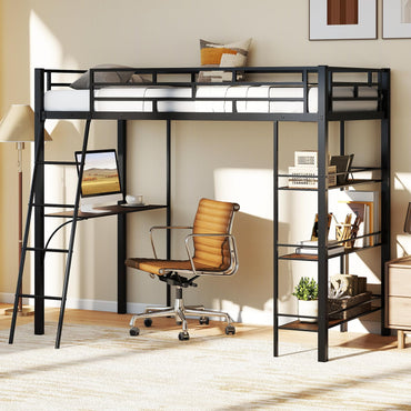 Goflame Twin Size Loft Bed with Desk & Shelves for Kids