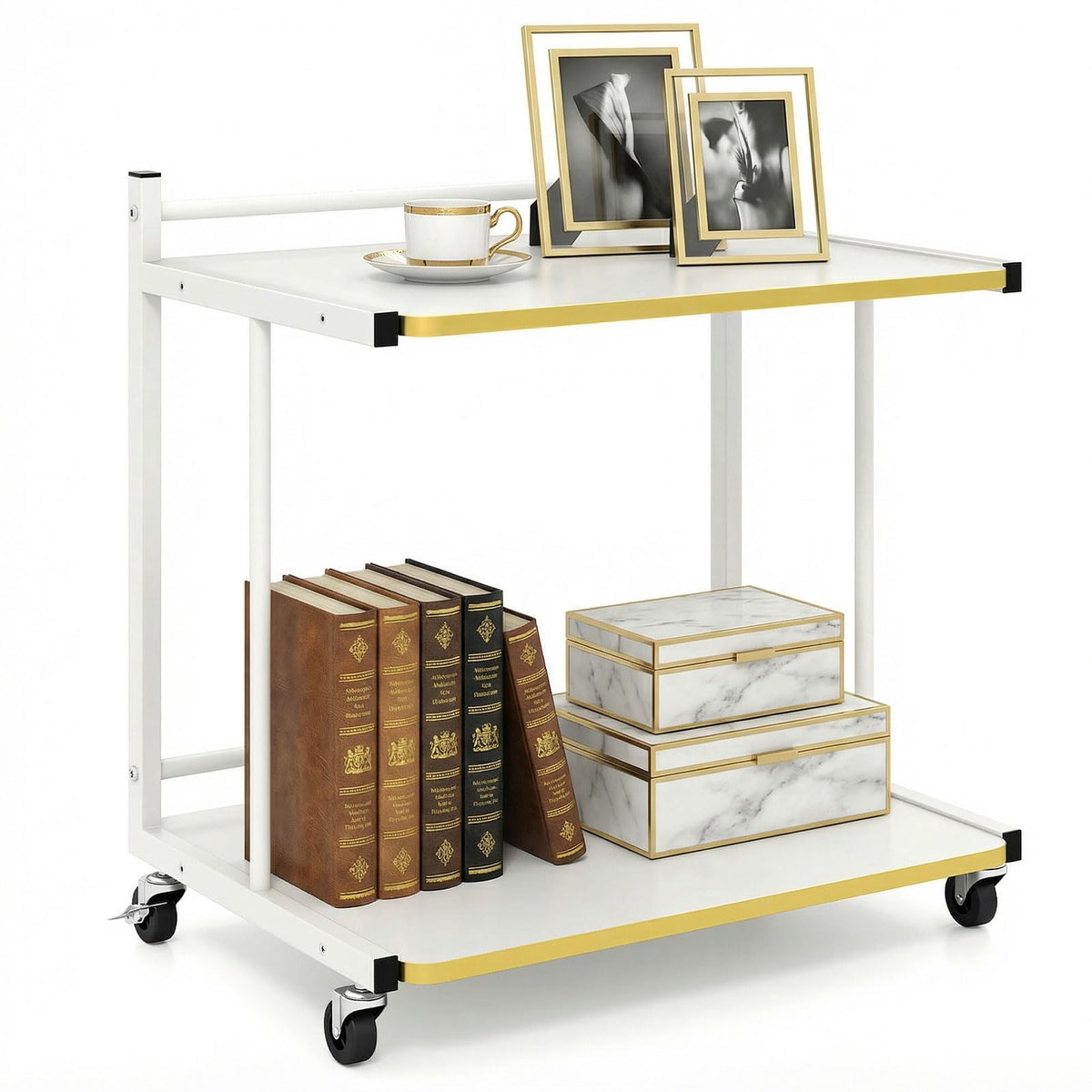 Goflame Mobile C-Shaped End Table - 2-Tier Sofa Couch Bed Side Table w/Open Storage Shelves & Golden Edge Banding