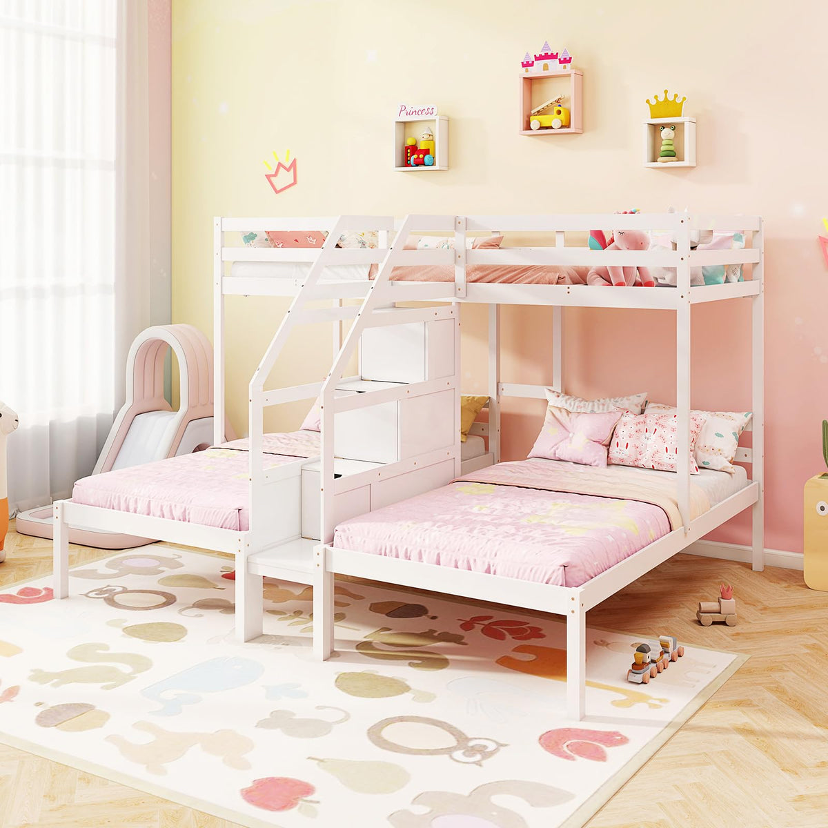Goflame Twin Over Twin & Twin Bunk Bed Triple Bunk Beds with 4-Step Storage Stair