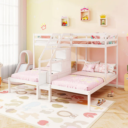 Goflame Twin Over Twin & Twin Bunk Bed Triple Bunk Beds with 4-Step Storage Stair