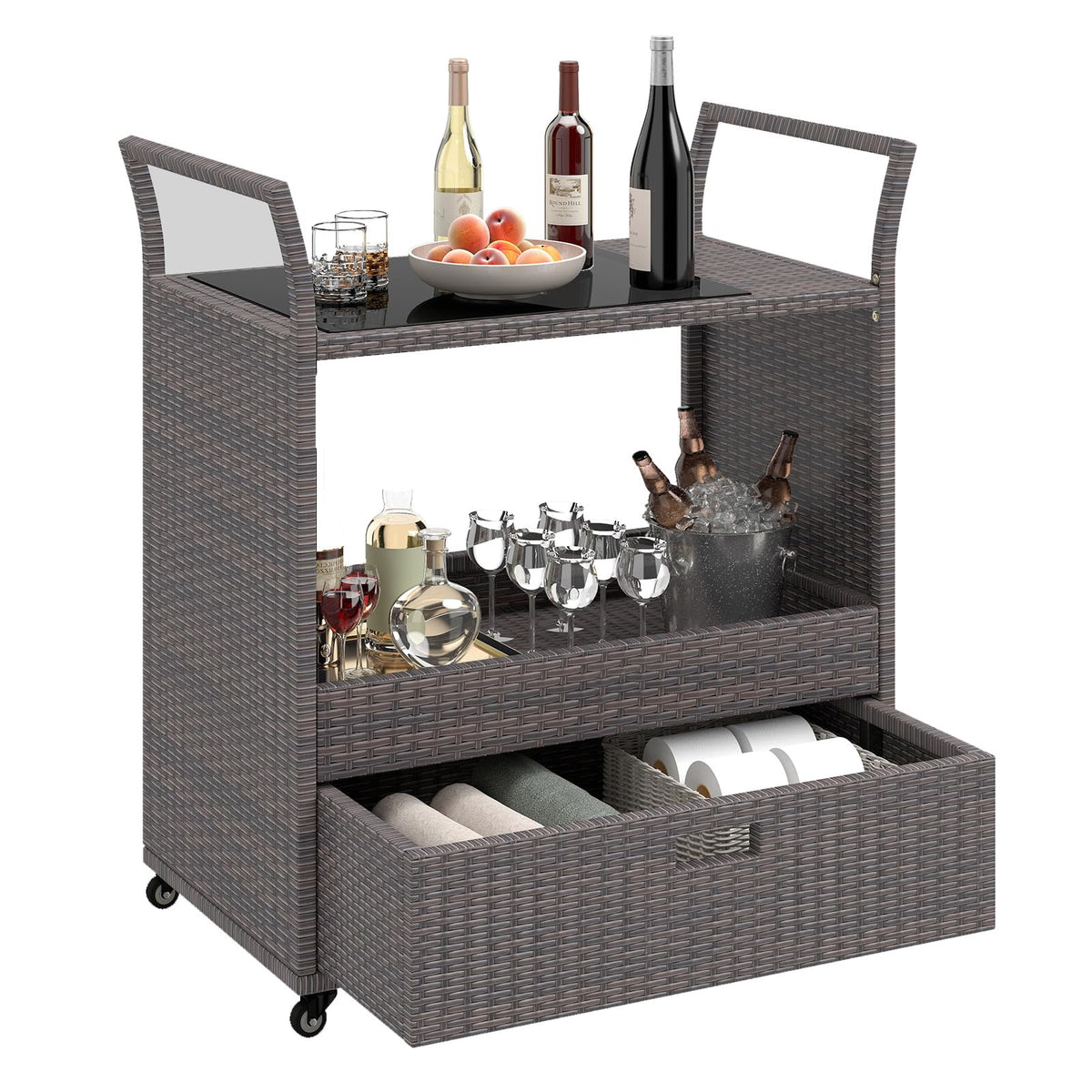 Goflame Rolling Wicker Cart W/Shelves and Big Drawer for Dining Room