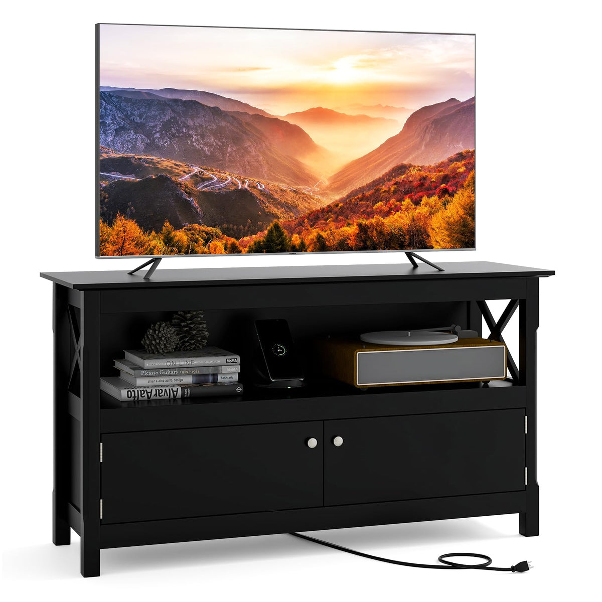 Goflame TV Stand with Power Outlet for TVs up to 50 Inch, Entertainment Center with 2-Door Cabinet