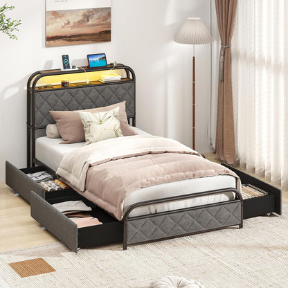 Goflame Queen/Full/Twin Size Bed Frame with 4 Storage Drawers and Charging Station