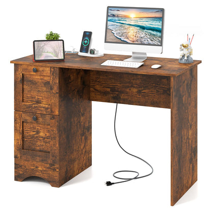 Goflame White Desk with 2 Drawers, 43” Wooden Home Office Desk with Charging Station