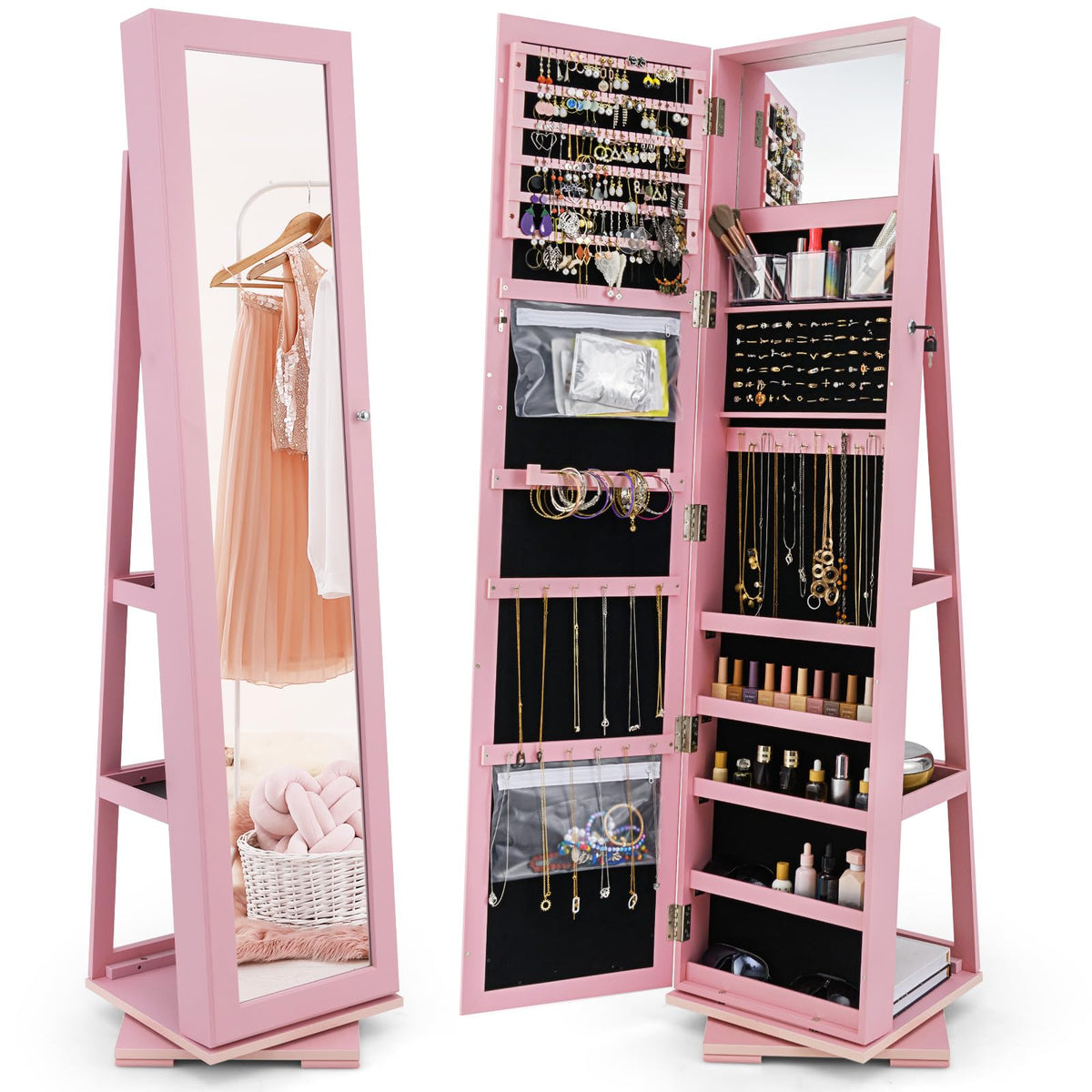 GOFLAME 360° Rotating Jewelry Armoire with Rear Storage Shelves