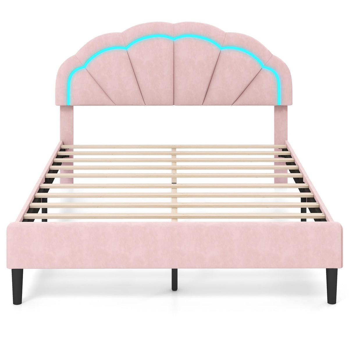 Goflame Full Size LED Bed Frame, Velvet Upholstered Full Platform Bed with Adjustable Cloud Headboard