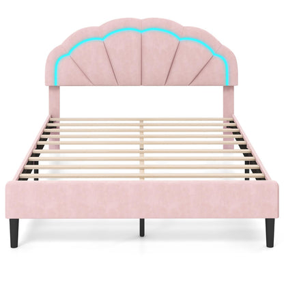Goflame Full Size LED Bed Frame, Velvet Upholstered Full Platform Bed with Adjustable Cloud Headboard