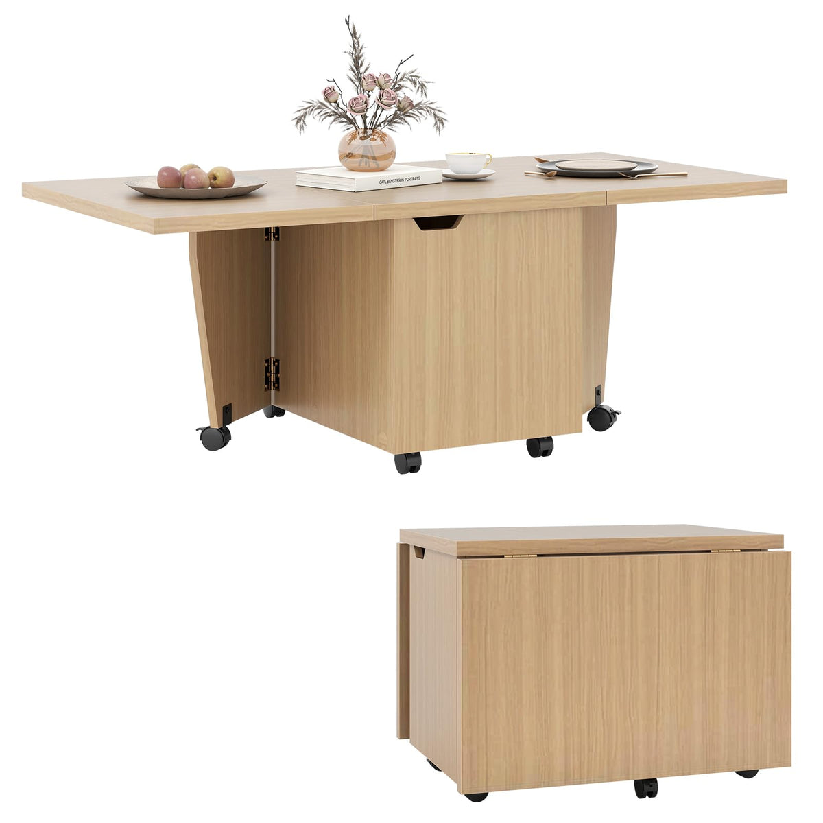 Goflame Folding Coffee Table 48 Inch Drop Leaf Extendable Center Table with Storage Cabinet & Wheels