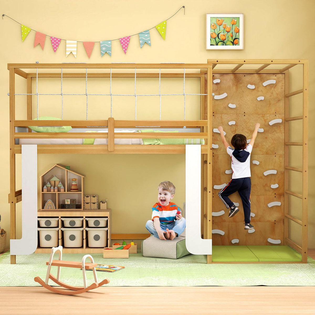 Goflame Twin Bunk Bed with Jungle Gym Wooden Loft Bed with Climbing Ladder