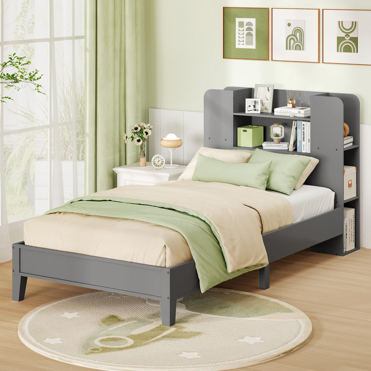 Goflame Twin Bed Frames for Kids, Wooden Twin Size Bed with Storage Bookcase Headboard