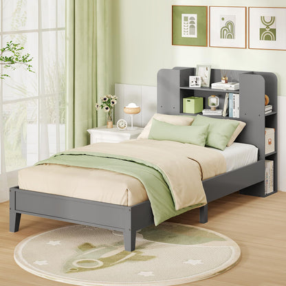 Goflame Twin Bed Frames for Kids, Wooden Twin Size Bed with Storage Bookcase Headboard