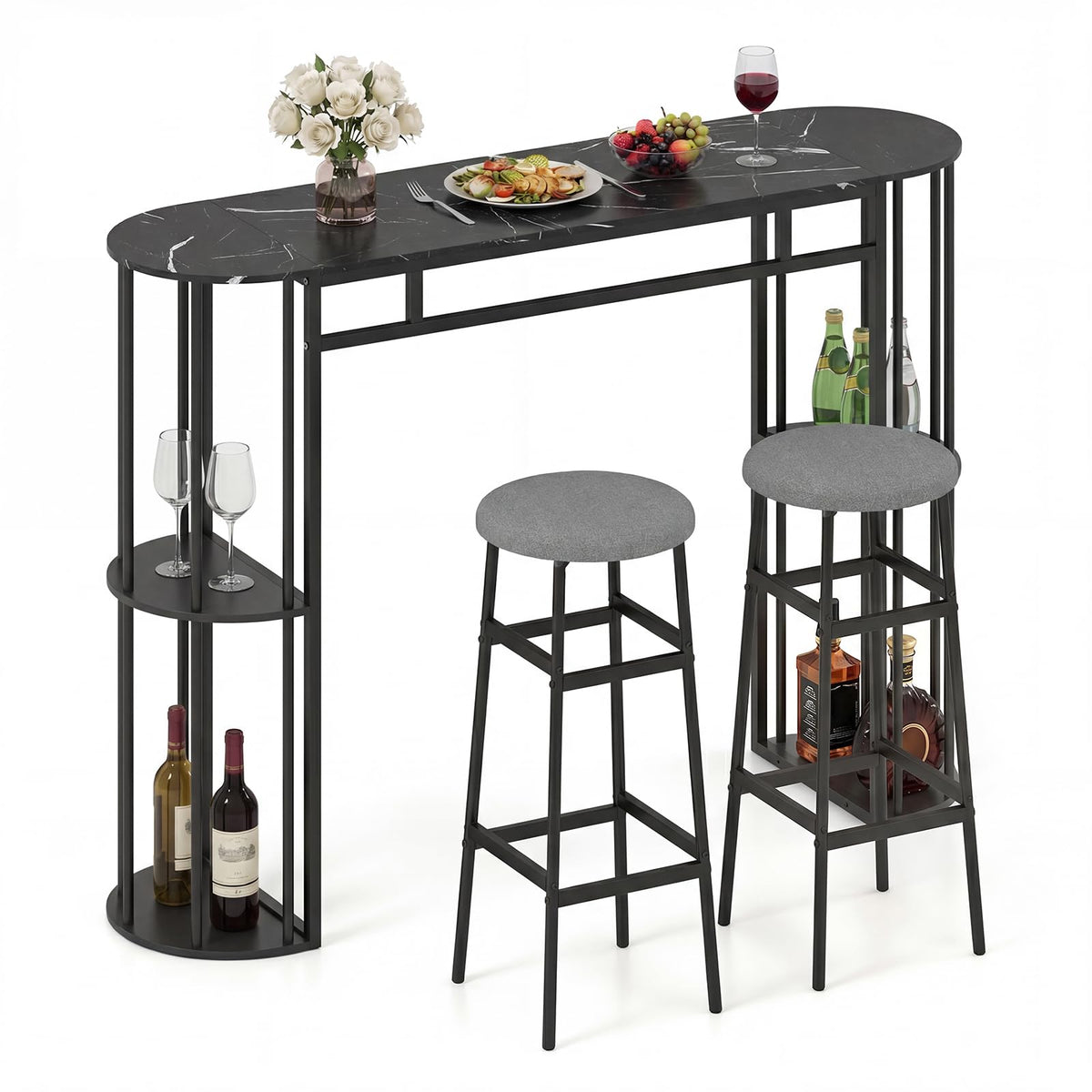 Goflame 3 Pieces Bar Table Set for 2 with 2 Padded Stools