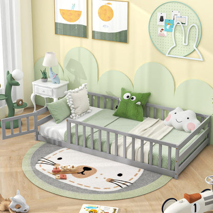 Goflame Twin Floor Bed with Door & Fence, Kids Wood Montessori Bed with Safety Guardrails