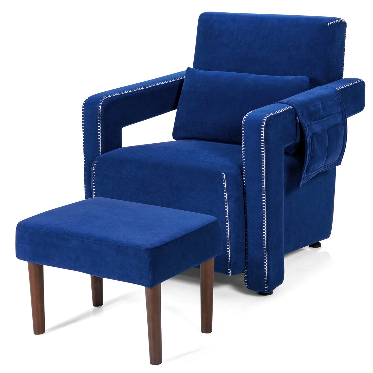 Goflame Modern Accent Chair with Ottoman, Soft Berber Fleece Armchair Single Sofa and Footstool Set w/Waist Pillow