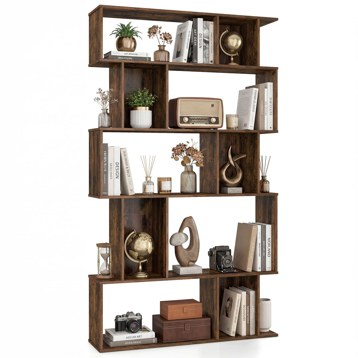 Goflame Geometric Bookshelf 5-Tier Bookcase with Open Shelves and Closed-back Cubes