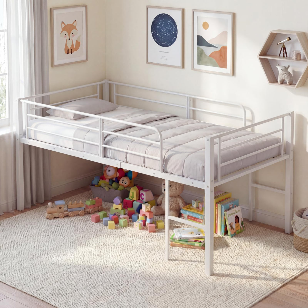 Goflame Twin Low Loft Bed | Metal Bed Frame with 21.5" H Under-Bed Space