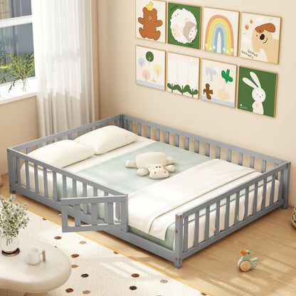 Goflame Full Size Floor Bed for Kids, Montessori Floor Bed with Wood Slats & Safety Guardrails