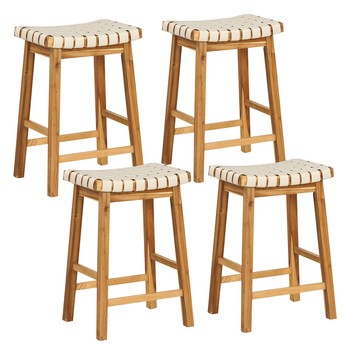 Goflame 25.5/31" Woven Bar Stools Set of 2/4, Faux PU Leather Counter Height Saddle Stools with Woven Curved Seat