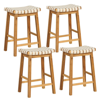 Goflame 25.5/31" Woven Bar Stools Set of 2/4, Faux PU Leather Counter Height Saddle Stools with Woven Curved Seat