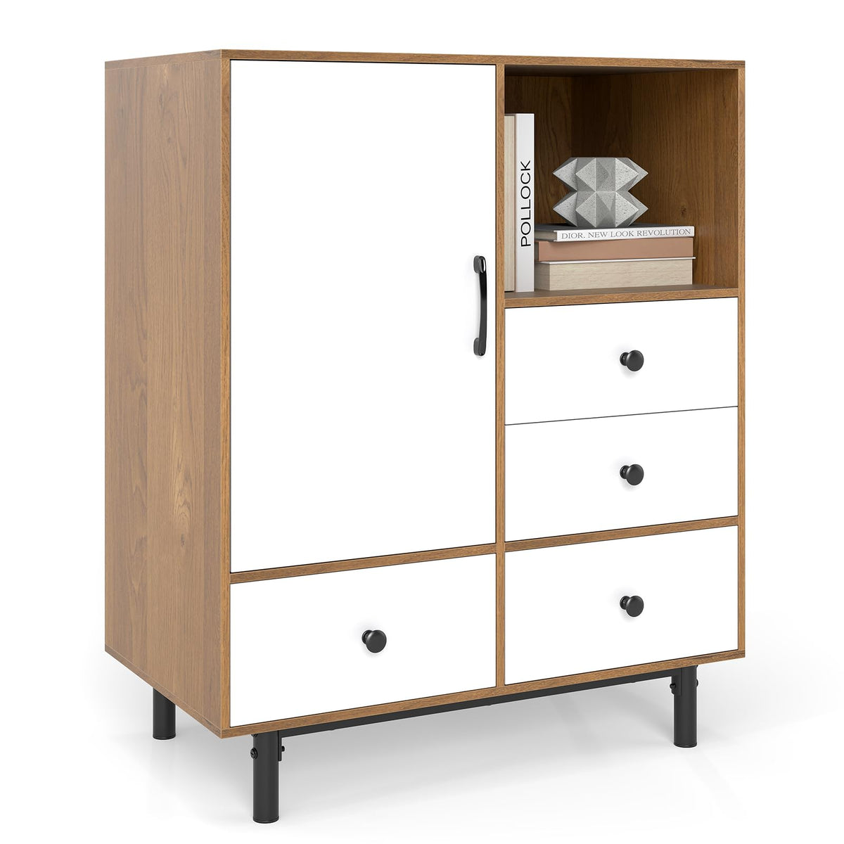 Goflame Storage Cabinet with 4 Drawers Door & Open Compartment, Metal Support Legs