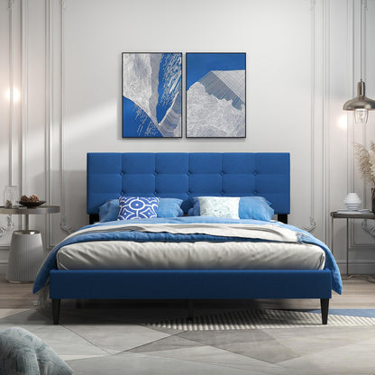 Goflame Queen/Twin Size Platform Bed Frame with Button Tufted Headboard and Wooden Slats