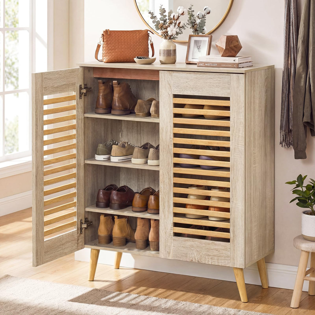 Goflame Shoe Cabinet 4-Tier Shoe Rack Organizer Cabinet(Louvered Door)