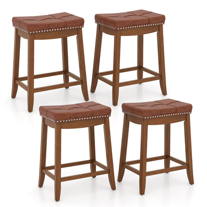 Goflame Bar Stools Set, 25" Counter Height Bar Stools w/Saddle Seat, Footrest, Rivet, Button Tufted, Rubber Wood Frame