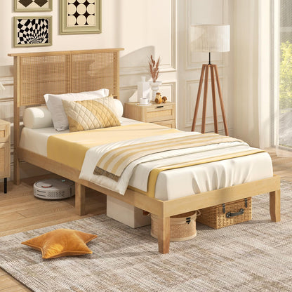 Goflame Queen/Full/Twin Size Bed Frames with Rattan Headboard, Boho Solid Wood Platform Bed with Wooden Slats