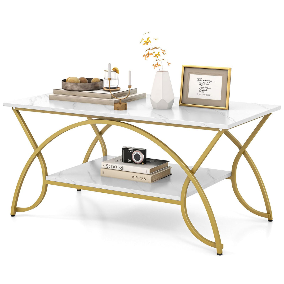 Industrial Coffee Table, 2-Tier Rectangular Center Table with Storage Shelf