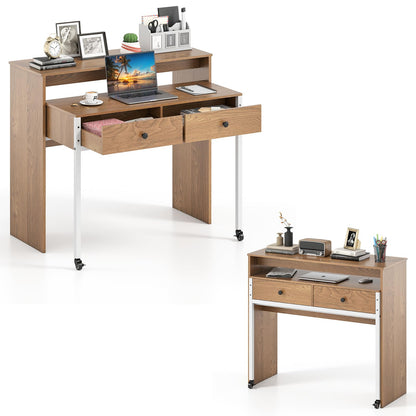 Goflame Small Computer Desk with Hutch & Drawers