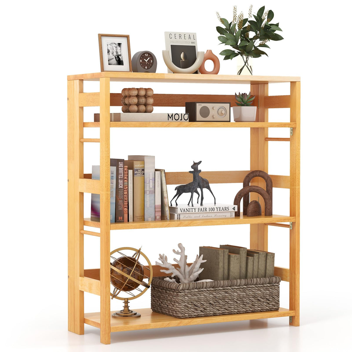 Goflame 4-Tier Bookshelf, 34.5" Floor Storage Shelf w/Rubber Wood Frame, Anti-Toppling Kits, Side Fences