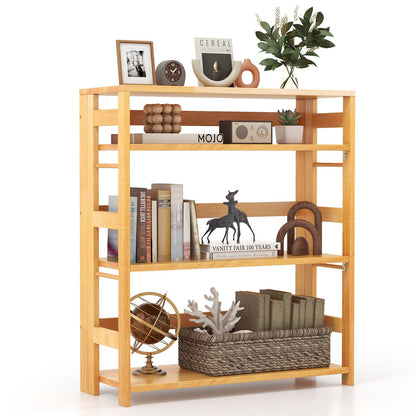 Goflame 4-Tier Bookshelf, 34.5" Floor Storage Shelf w/Rubber Wood Frame, Anti-Toppling Kits, Side Fences