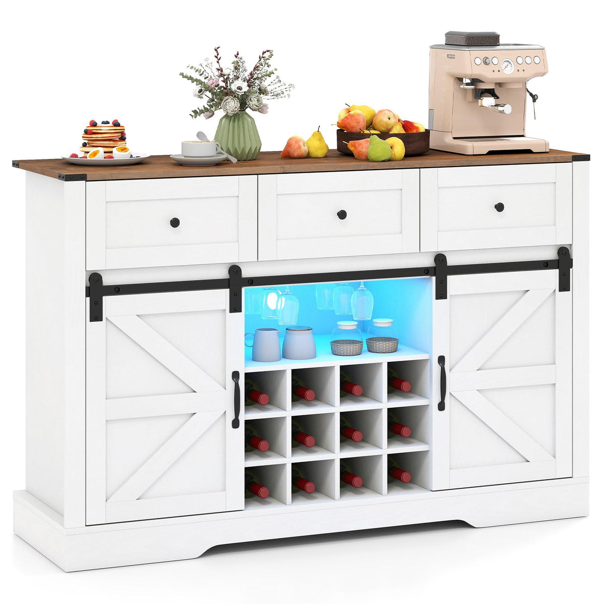 Goflame Wine Bar Cabinet with LED Lights 52" Buffet Sideboard w/Sliding Barn Door 3 Drawer