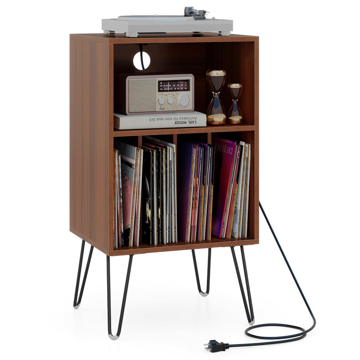 Goflame Record Player Stand with Charging Station Turntable Cabinet with Record Storage & Metal Legs