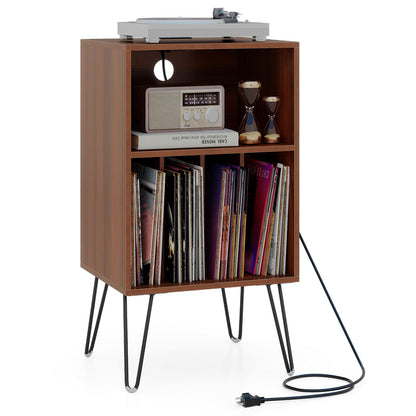 Goflame Record Player Stand with Charging Station Turntable Cabinet with Record Storage & Metal Legs