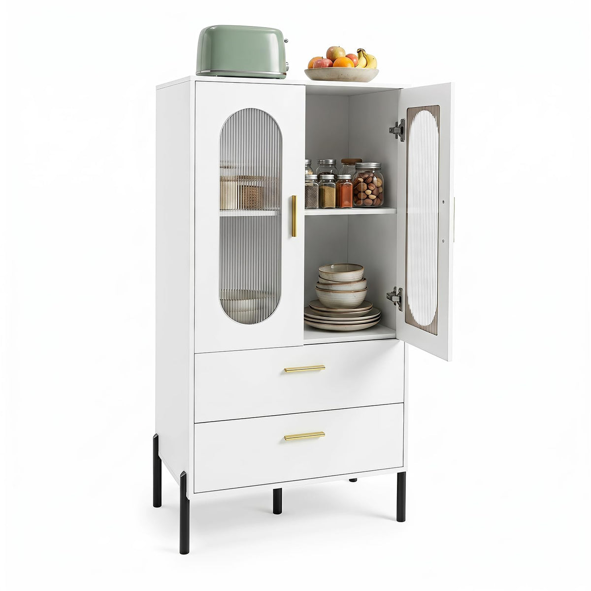Goflame 47" H Buffet Sideboard Kitchen Cabinet w/Clear Doors & 2 Drawers
