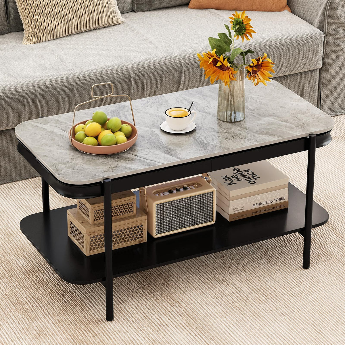 Goflame 2-Tier Coffee Table with Storage Faux Mable Center Table w/Sintered Stone Top