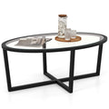 Goflame Glass Coffee Table, 46.5" Oval Accent Sofa Tea Table with Tempered Glass Top, Cross Base & Acacia Wood Legs