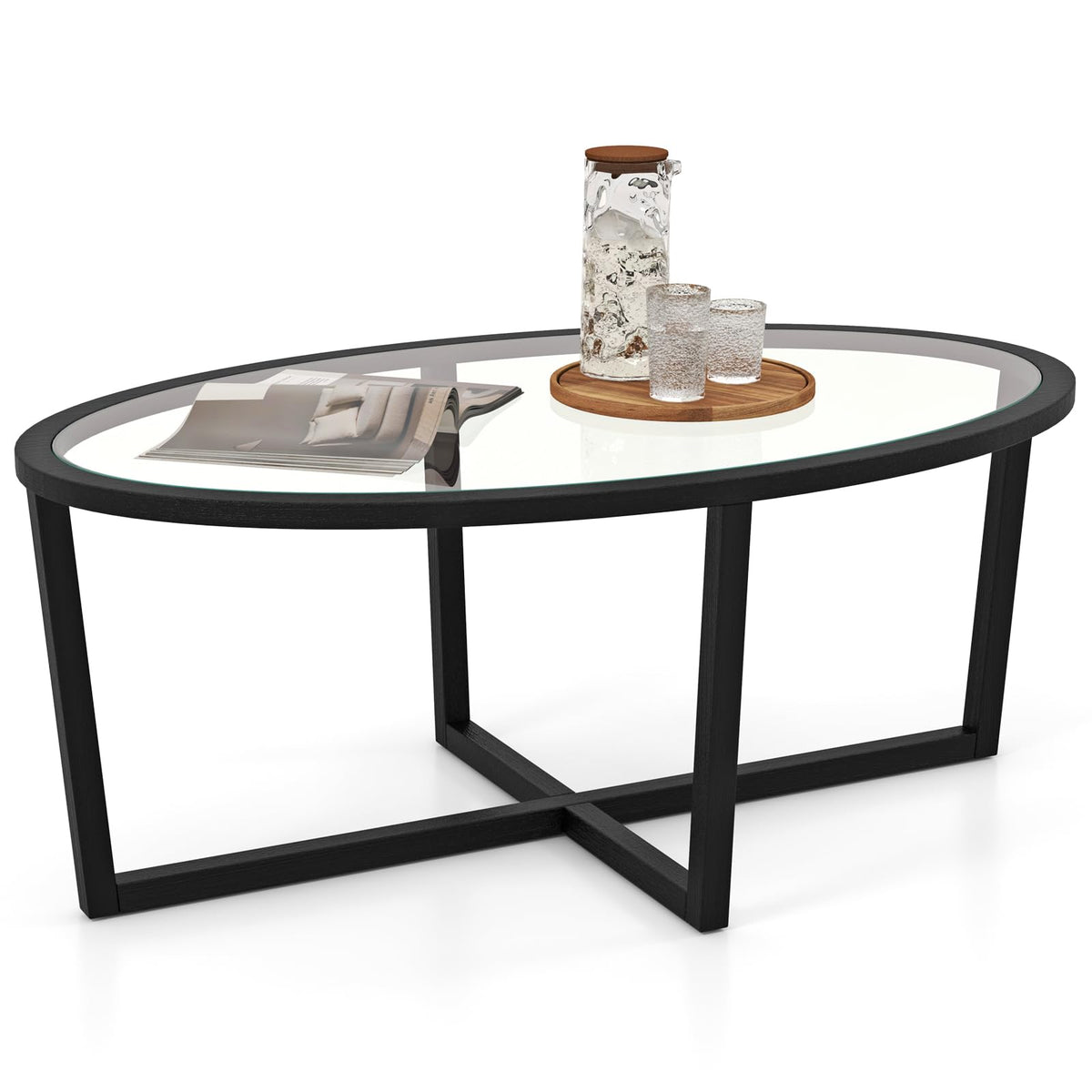 Goflame Glass Coffee Table, 46.5" Oval Accent Sofa Tea Table with Tempered Glass Top, Cross Base & Acacia Wood Legs