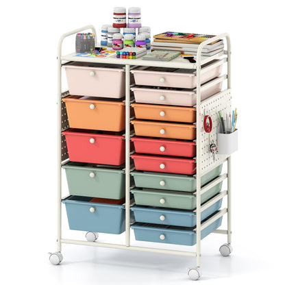 Goflame 15 Drawer Storage Cart | Rolling Craft Cart with Metal Tabletop & Pegboard