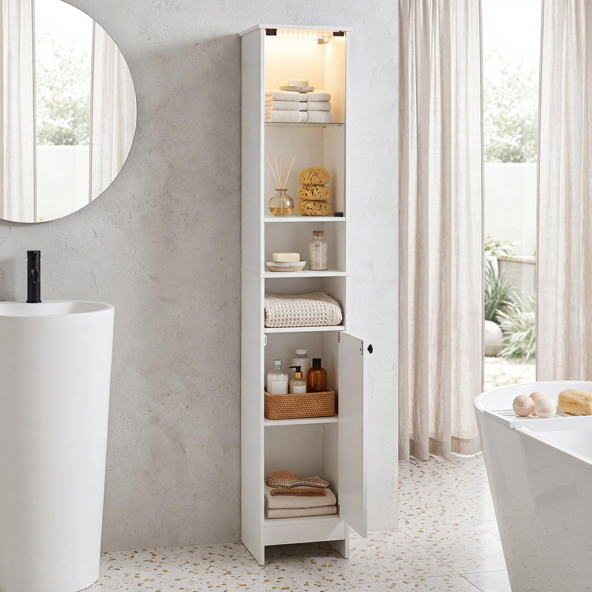 Goflame Tall Narrow Bathroom Cabinet with Lights & Remote Control (1/2)
