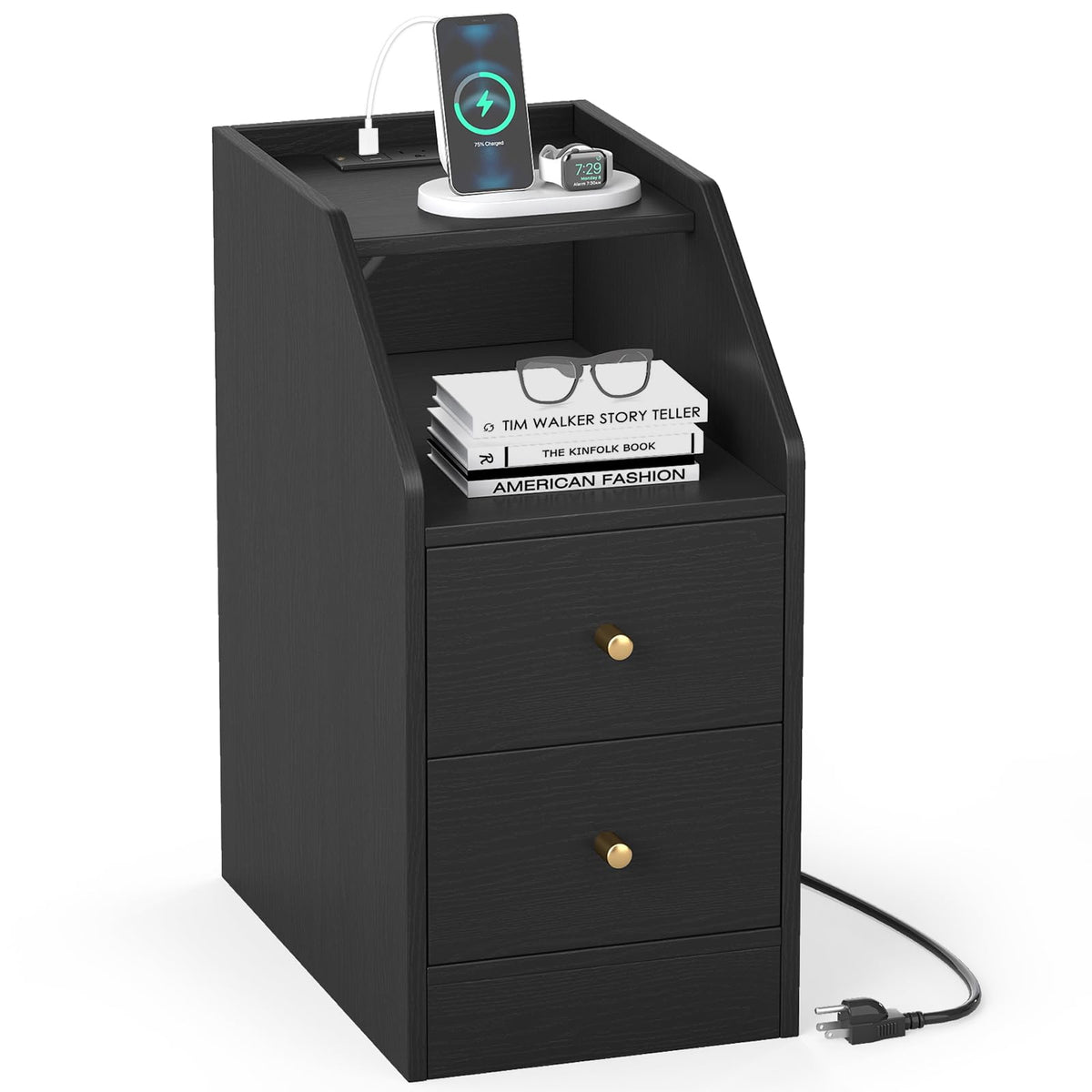 Goflame Side End Table with Charging Station Sofa Couch Table with Shelf Drawers