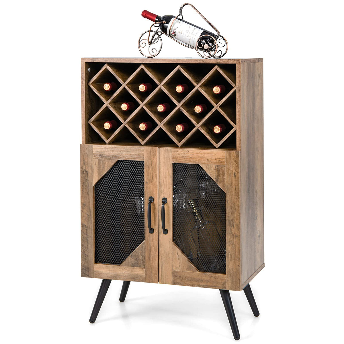 Goflame Farmhouse Buffet Cabinet with Storage, Wine Bar Cabinet 11 Bottles Rack (Brown & Black)