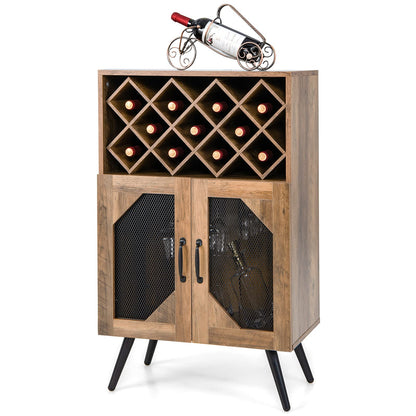 Goflame Farmhouse Buffet Cabinet with Storage, Wine Bar Cabinet 11 Bottles Rack (Brown & Black)