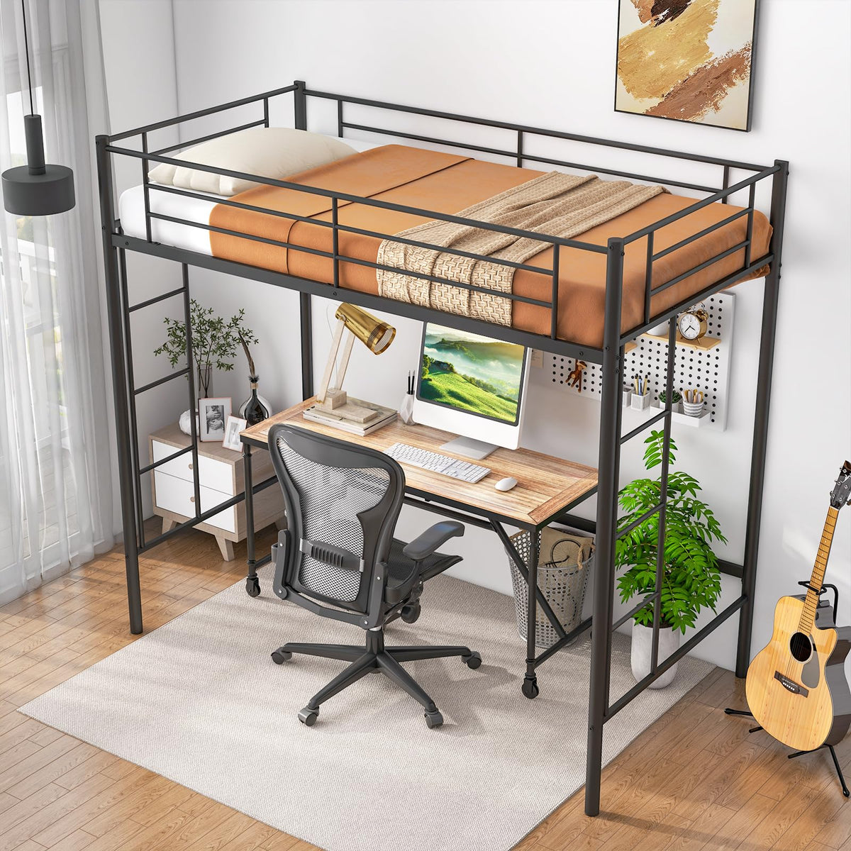Goflame Metal Loft Bed Twin Size, Heavy Duty Metal Loft Bed Frame