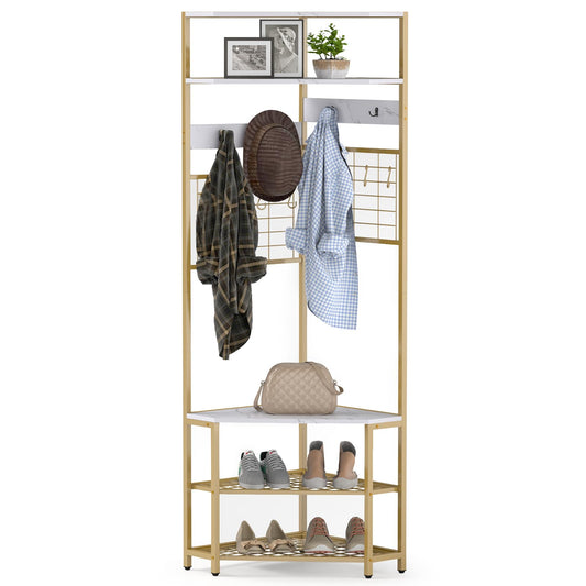 Goflame Corner Hall Tree, 73" Tall Coat Rack w/Shoe Storage Bench, 12 Metal Hooks, 5-Tier Entryway Shoes Shelf Organizer