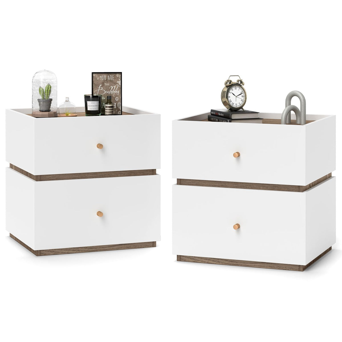Goflame Modern Nightstand with 2 Storage Drawers, Wooden Night Stand with Raised Edge